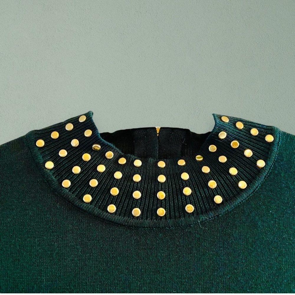 Calvin Klein Long Sleeve Green Mock Neck Sheath Dress With Gold Studs-NWT-L - Picture 15 of 15